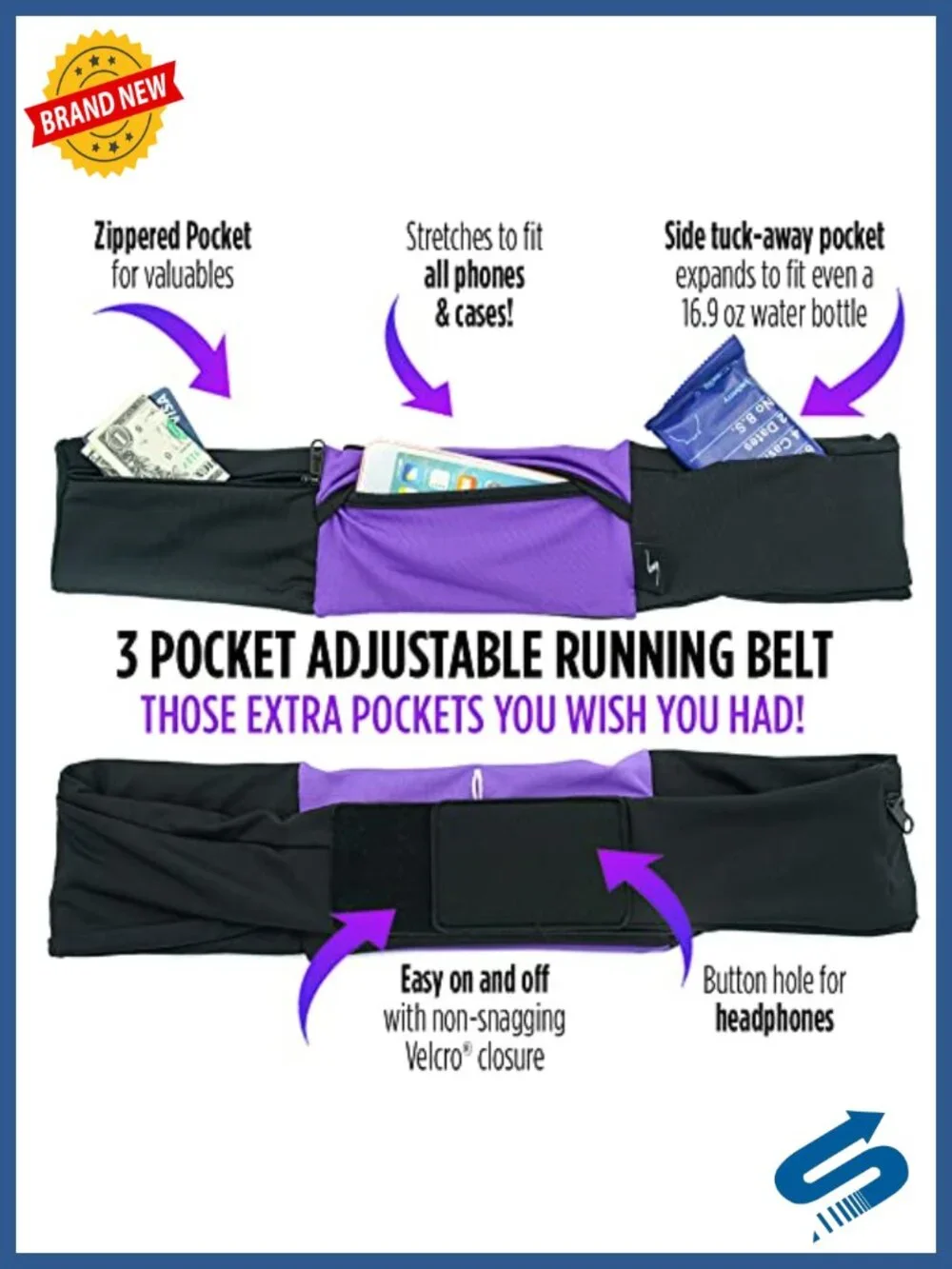 3 Pocket Adjustable Running Belt Waist Pack with Sweat Resistant Backing, Holds